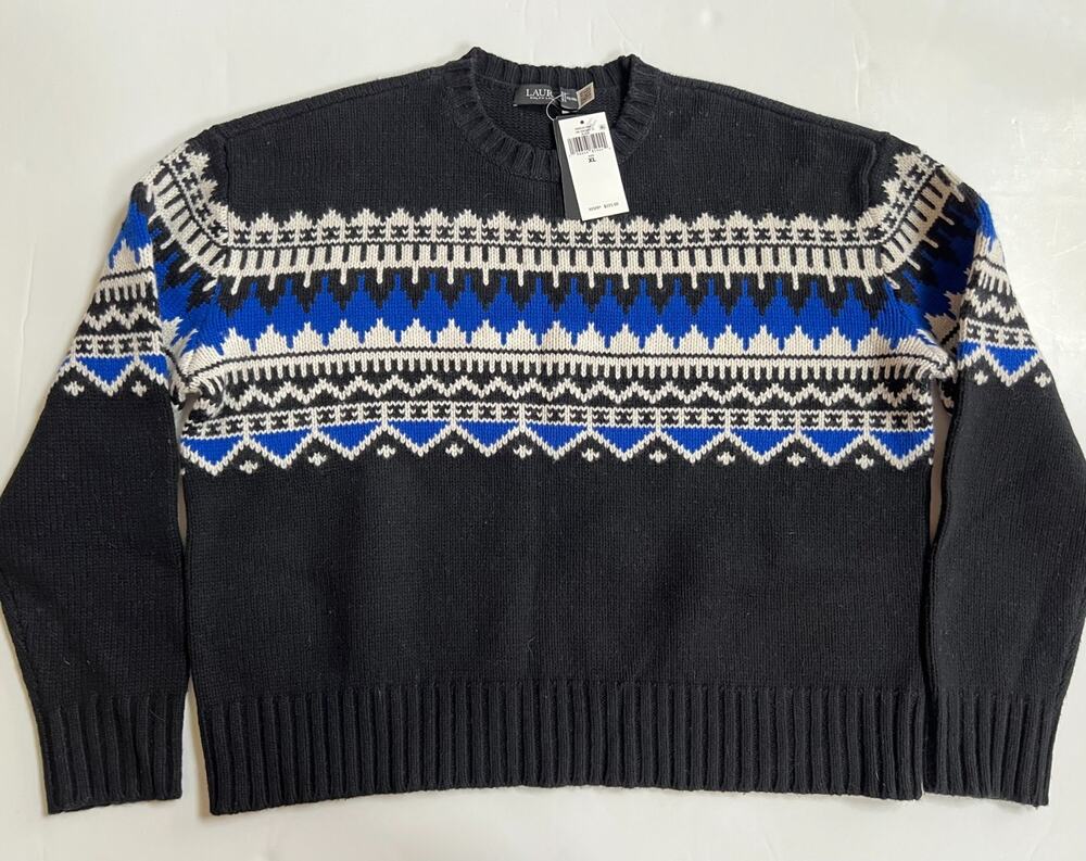 Lauren Ralph Lauren Women's Black Fair Isle Long Sleeve Pullover Sweater Size XL